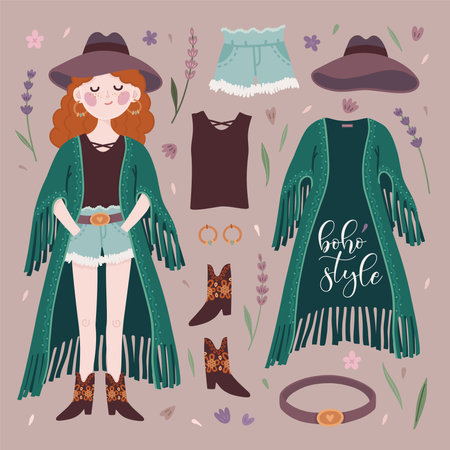 Vector cute illustration with boho redhaired girl and bohemian outfitのイラスト素材
