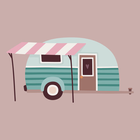 Vector cute illustration with funny trailer for camping and pastel colorsのイラスト素材