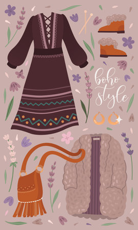 Vector cute illustration with bohemian outfit clothes collection and flowersのイラスト素材