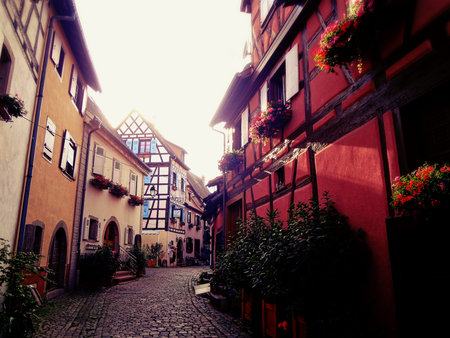 Street Eguisheim village, Alsace, Franceのeditorial素材