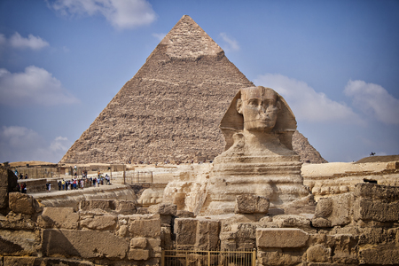 Image of the Sphinx monument by the great pyramids in Cairo, Egypt の写真素材