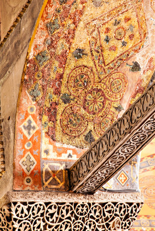 Detail image of mosaics and limestone carvings from inside the Hagia Sofia. Istanbul, Turkey.のeditorial素材