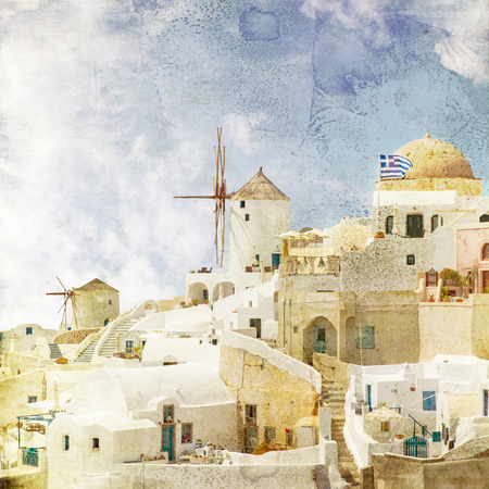 Image of the famous windmills in Oia. Santorini, Greece. Vinatge styled.の写真素材