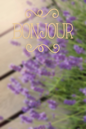 Image of blurred background with bonjour text hello in french.の写真素材