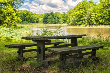 Image of a park bench and table by a tranquil lake.の写真素材
