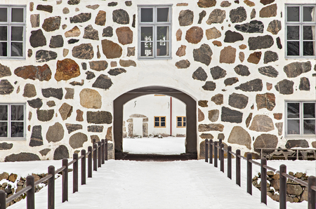 Image of castle gatehouse, and moatbridge. Hovdala, Hassleholm, Sweden.のeditorial素材