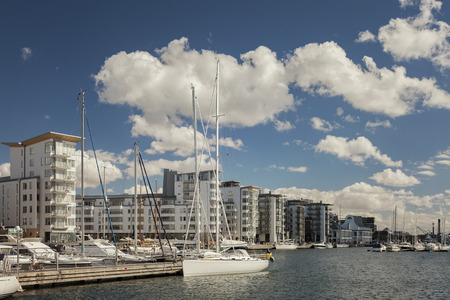 HELSINGBORG, SWEDEN - AUGUST 11, 2016. Boats and yachts anchored in the marina.のeditorial素材