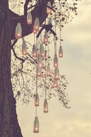 Image of a tree decorated with bottle candles.の写真素材