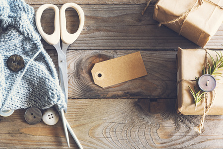 Image of craft making mockup with empty gift tag. の写真素材