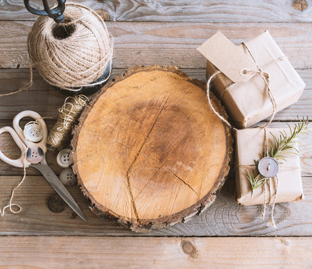 Image of rustic items for traditional christmas or autumn gift wrapping. の写真素材