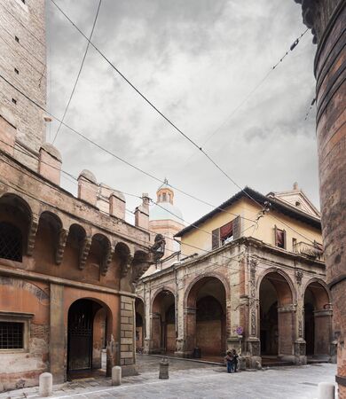 BOLOGNA, ITALY - FEBRURAY 08, 2017. Historic buildings on the street below the viewing tower of Asinelli.のeditorial素材