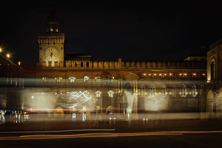 Image of traffic light trails on Piazza Maggiore. Bologna, Italy.の写真素材