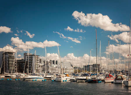 HELSINGBORG, SWEDEN - AUGUST 11, 2016. Boats and yachts anchored in the marina.のeditorial素材