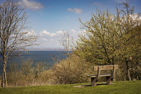 Image of park bench by rest stop with ocean views.の写真素材