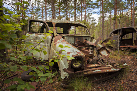 Abandoned rusty old car in a forest. の写真素材