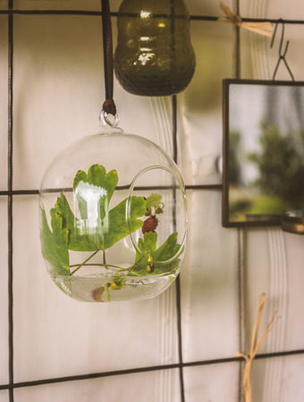 Decoartive vintage items on balcony wall. Glass orb with wild strawberry.の写真素材
