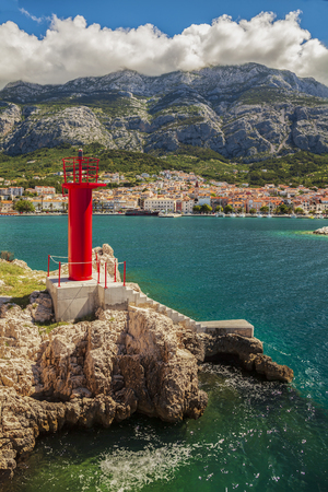 The harbour lighthouse in Makarska, Croatia.の写真素材