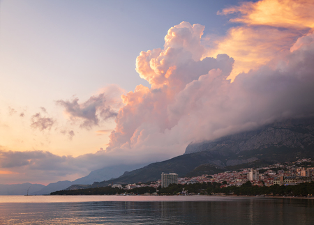 Dramatic sunset clouds over Makarska riviera, Croatia.の写真素材