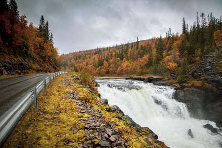 Norweigian autumn landscape with colourful forrest, waterfall and empty road.の写真素材