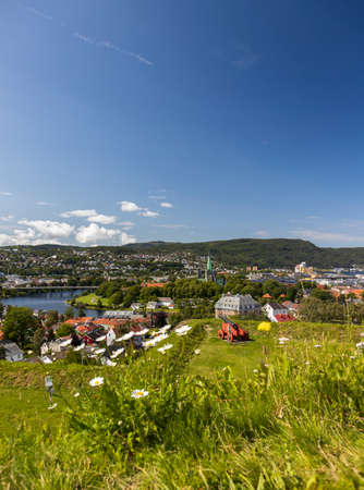 View of the city of Trondheim, Norway. Nidaros cathedral and the river Nidelva in the background.の写真素材