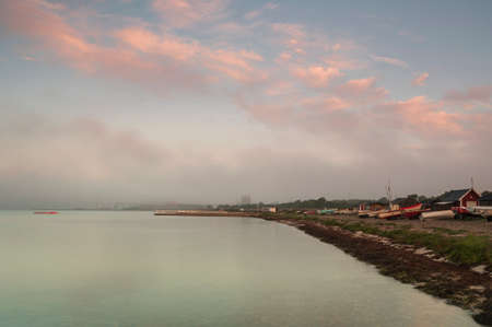 Foggy morning by the fishing village of RÃ¥Ã¥ (Raa) outside Helsingborg, Sweden.の写真素材