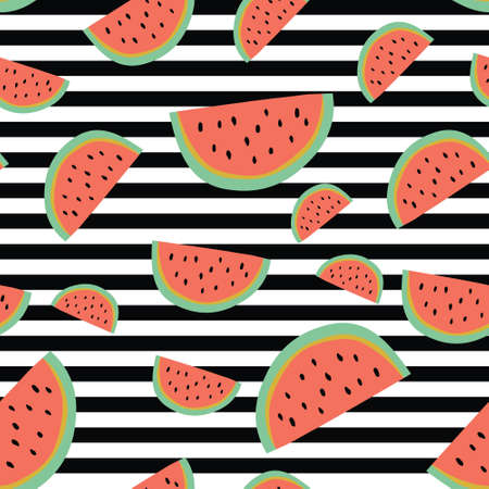Vibrant stripe watermelon background. A vibrant, modern, and flexible pattern for brand who has edgy style, It can use for background, print, card, website, and anything. The art vector graphic with playful style. Red and black color give a contrast and cheerful mood.のイラスト素材
