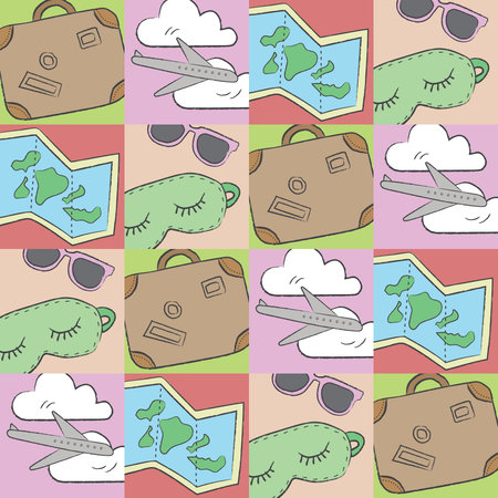 Mix airplane travel in box, playful, cute, and flexible doodle set collection for brand who has fun style. The art vector graphic can be repeated. Doodle art suits for kids and traveling theme.のイラスト素材