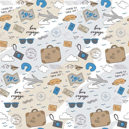 Ready to take off airplane pattern.  Playful, cute, and flexible doodle set collection for brand who has fun style. The art vector graphic can be repeated. Doodle art suits for kids and traveling theme.のイラスト素材