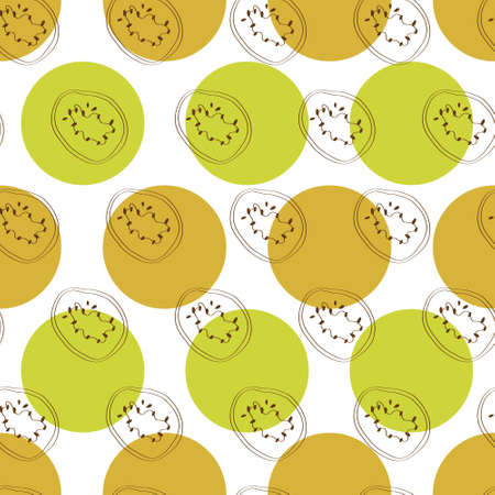 Outline kiwi pattern with bullets background. A playful, modern, and flexible pattern for brand who has cute and fun style. Repeated pattern. Doodle kiwi mix with polka background give a contrast and cheerful mood.のイラスト素材