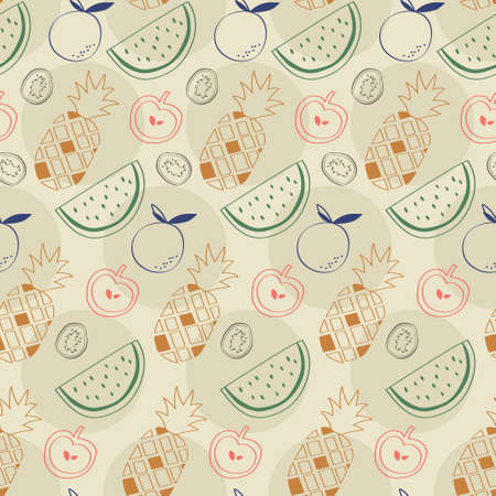 Outline fruits pattern with pineapple, watermelon, apple, kiwi, and orange. A playful, modern, and flexible pattern for brand who has cute and fun style. Repeated pattern. Mix fruits elements give a contrast and cheerful mood.のイラスト素材