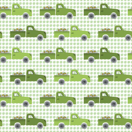 Green truck car pattern for boy. A playful, modern, and flexible pattern for brand who has cute and fun style. Repeated pattern. Happy and bright mood.のイラスト素材