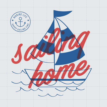 Sailing home print poster. A playful, modern, and flexible print for brand who has cute and fun style. Happy, bright, and nautical mood.のイラスト素材