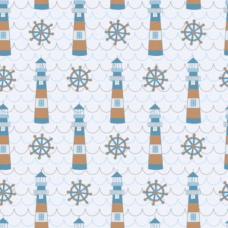 Lighthouse and ship wheel in wave pattern. A playful, modern, and flexible pattern for brand who has cute and fun style.のイラスト素材