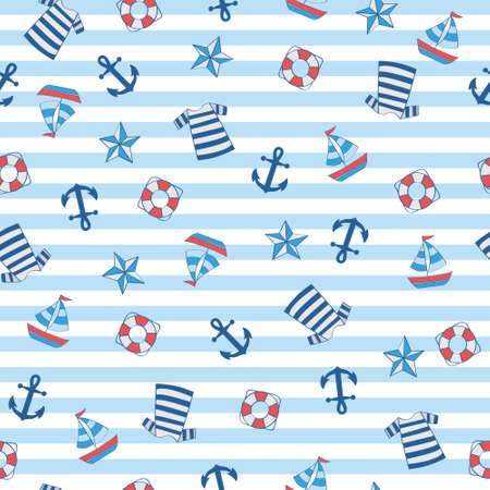 Sailor stripe nautical with boat, anchor, float, shirt in seamless pattern.のイラスト素材