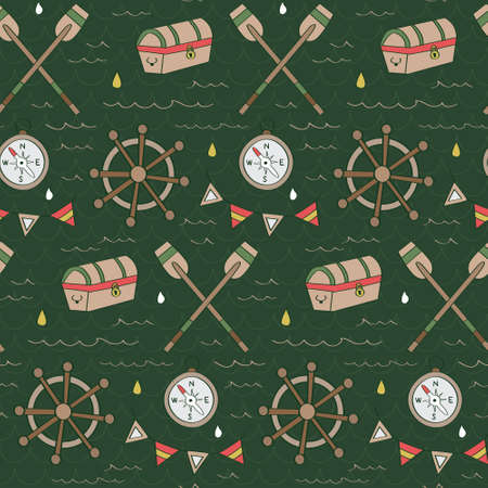 Treasure, shipwheel, compass pattern in seamless pattern.のイラスト素材