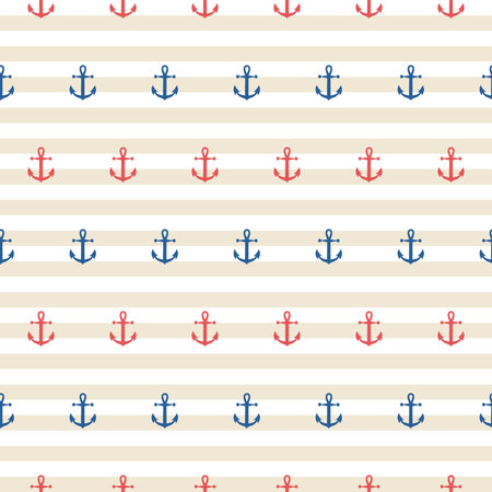 Blue and red anchor in stripe background in seamless pattern.