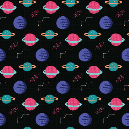 Planet pop color in outer space. A playful, modern, and flexible pattern for brand who has cute and fun style. Repeated pattern. Happy, bright, and magical mood.のイラスト素材