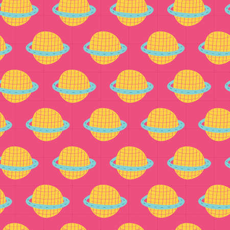 Yellow doodle planet in pink background. A playful, modern, and flexible pattern for brand who has cute and fun style. Repeated pattern. Happy, bright, and magical mood.のイラスト素材