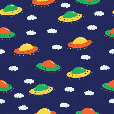 Flying ufo pattern for kids and boys. A playful, modern, and flexible pattern for brand who has cute and fun style. Repeated pattern. Happy, bright, and magical mood.のイラスト素材