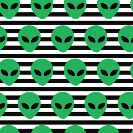 Alien head invasion in stripe background. A playful, modern, and flexible pattern for brand who has cute and fun style. Repeated pattern. Happy, bright, and magical mood.のイラスト素材