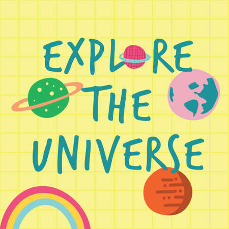 Explore the universe print poster. A playful, modern, and flexible print for brand who has cute and fun style. Happy, bright, and magical mood.のイラスト素材