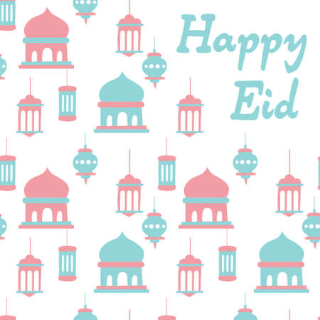 Happy eid card, mosque, lamp, arabic, pop color. A playful, modern, and flexible print for brand who has cute and fun style. Happy, bright, and magical mood.のイラスト素材