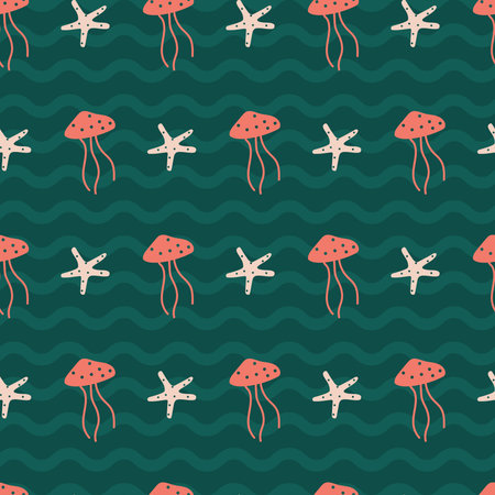 Peach jellyfish and star fish in wavy tosca green. A playful, modern, and flexible pattern for brand...