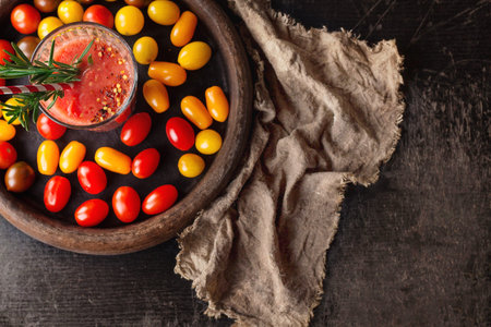 Top view on tomato juice with rosemary, stick and tomatoes laying around with wooden backgroundの写真素材
