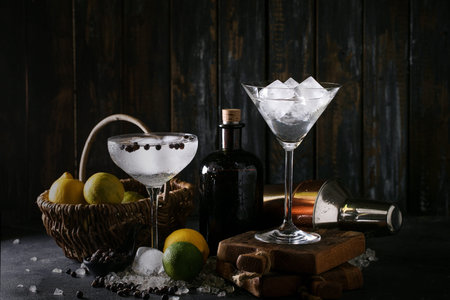 Gin and tonic drink served with lime, lemon, juniper berry, copper shaker and ice