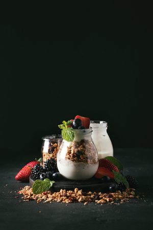 Homemade granola breakfast served with berries, yoghurt and decorated with mint leaves. Rustic breakfast Conceptの写真素材