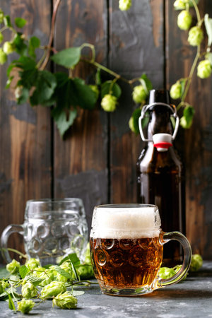 Beer in a glass mug with green fresh hops over dark texture backgroun