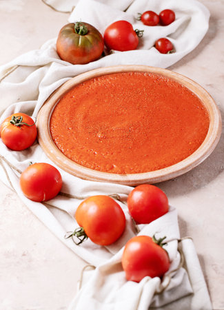 Homemade tomato soup served with fresh bio tomatoes and bread over white texture background. Top view, flat lay. Copy spaceの写真素材