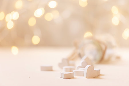 Valentines day background with small red and white wooden hearts over white background. Copy spaceの写真素材