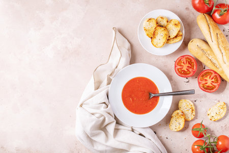Homemade tomato soup served with fresh bio tomatoes and bread over white texture background. Top view, flat lay. Copy spaceの写真素材